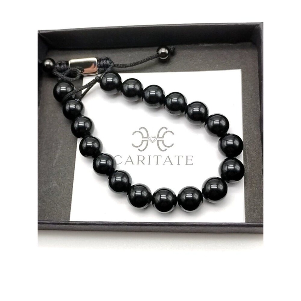 Caritate Branded Bracelet Polished Black Gemstone Beads + Adjustable Cord Unisex